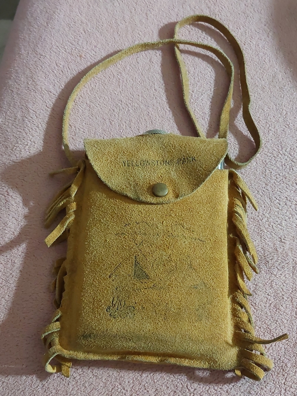 Vintage Yellow Leather Fringe Crossbody Flask Holder Bag Including Flask